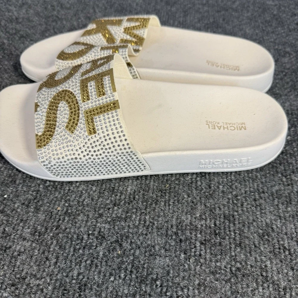 Michael Kors Slide Sandals White Gold Rhinestone Logo Pool Beach Women's